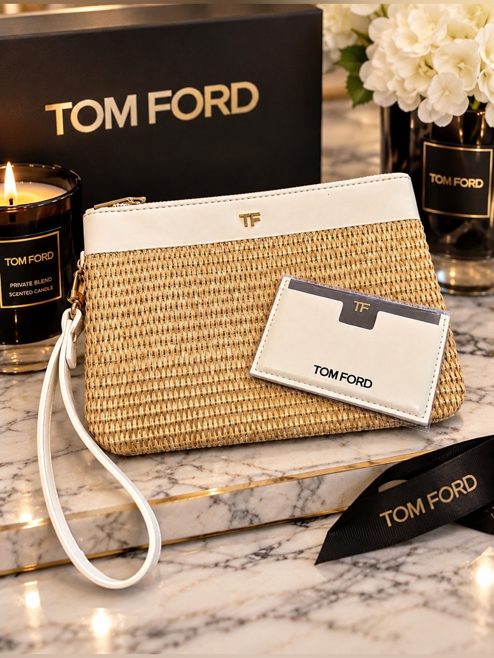 Tom Ford Natural Straw and White Leather Wristlet with Card Holder/ Mirror GWPs